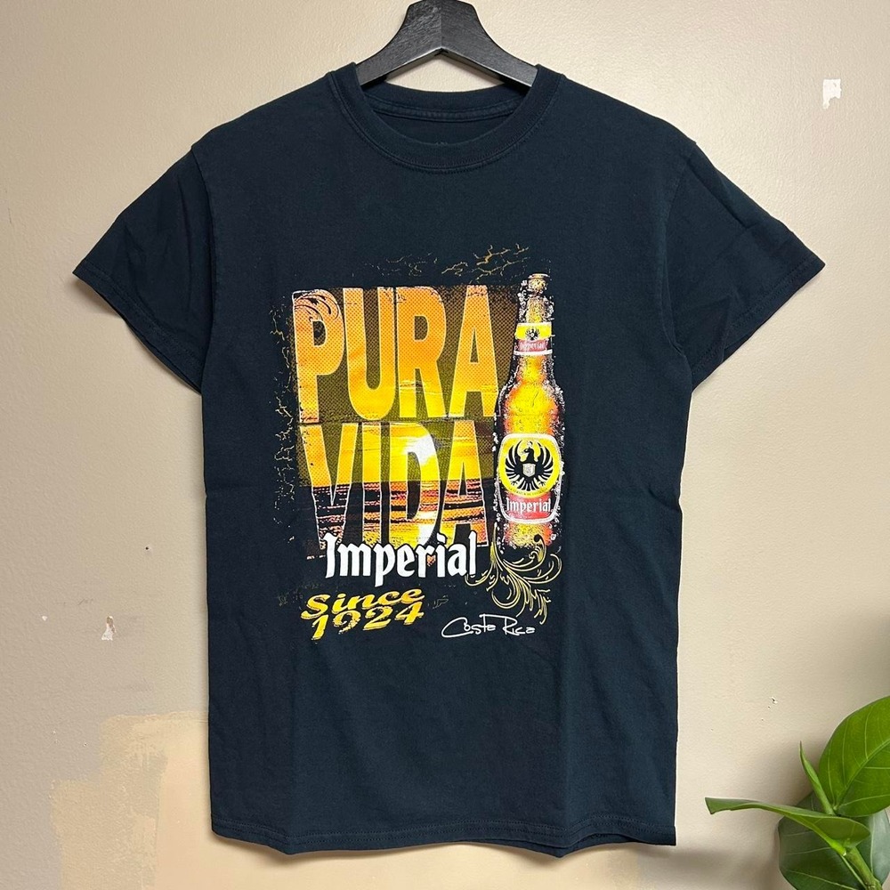 Vintage Y2K Pura Vida Imperial Beer Shirt Mens Small Black Costa Rica Graphic T